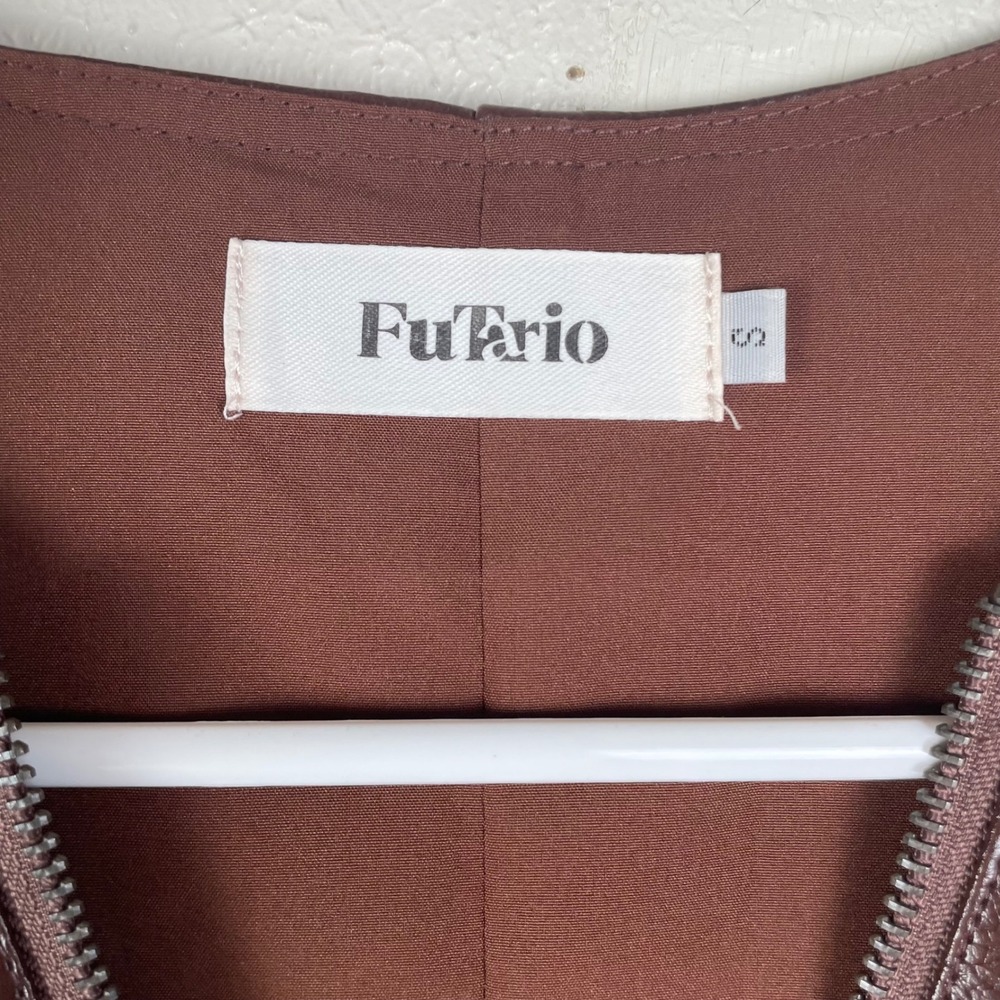 FuTrio Brown Faux Leather Zip Front Mini Dress Sleeveless Moto Cargo Womens S - Picture 2 of 6